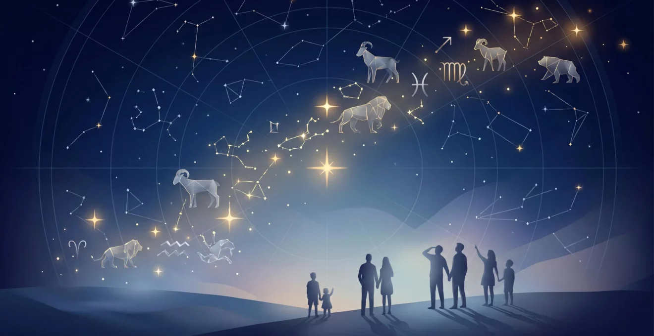 Une carte du ciel stylisée avec des constellations et silhouettes contemplatives, symbolisant l'exploration des cycles de vie en astrologie karmique.