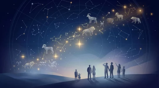 Une carte du ciel stylisée avec des constellations et silhouettes contemplatives, symbolisant l'exploration des cycles de vie en astrologie karmique.