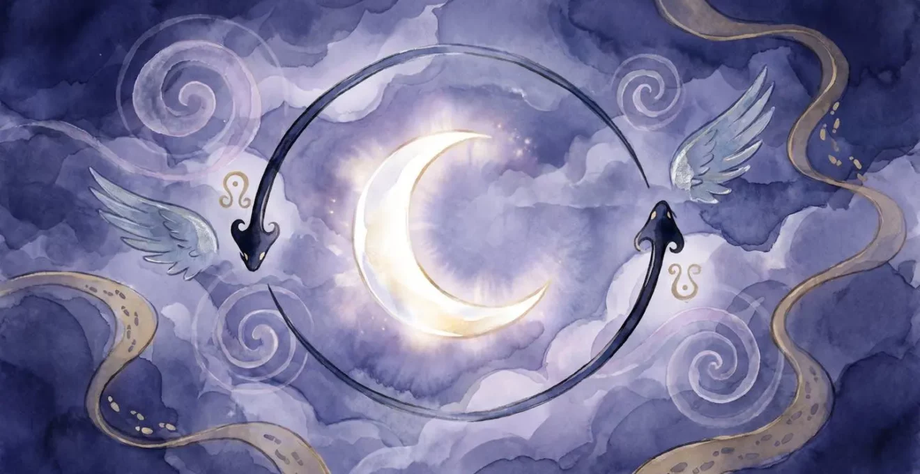 Une lune sereine avec les nœuds lunaires stylisés, entourée de symboles de transformation, symbolisant les enjeux karmiques du thème astral.